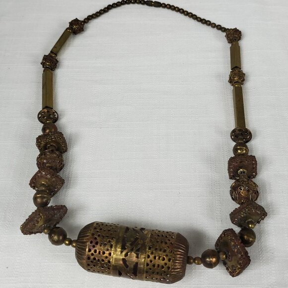 Vintage Unique Brass Metal Large Ornate Beading Necklace - Picture 1 of 14